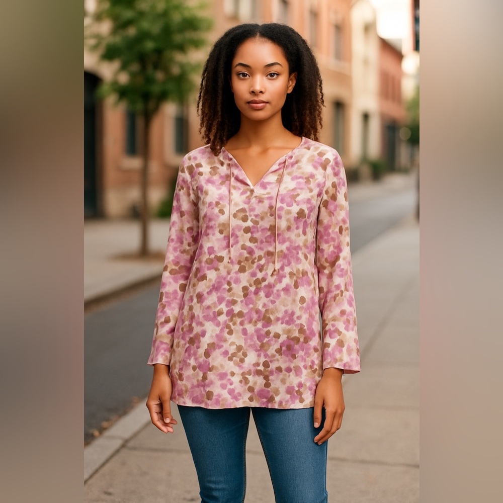 Loft Cotton Silk Blend Purple/Brown Printed L/S Blouse